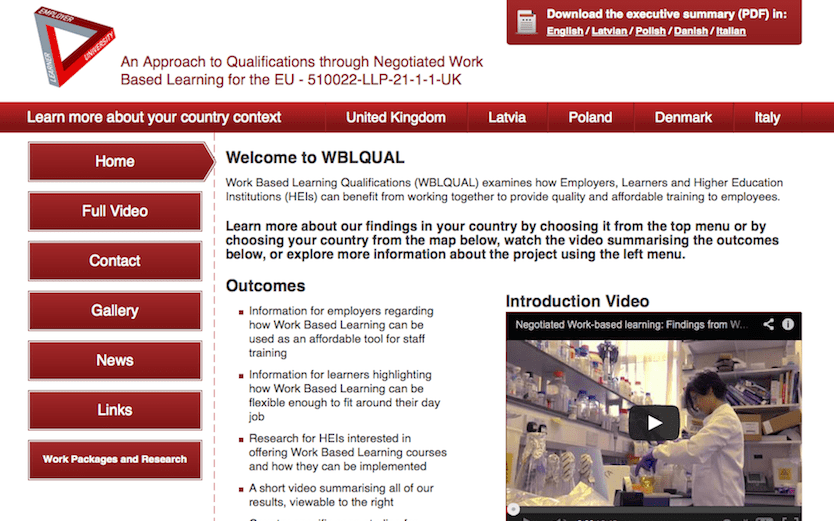 Screenshot of website for EU project at Staffordshire University